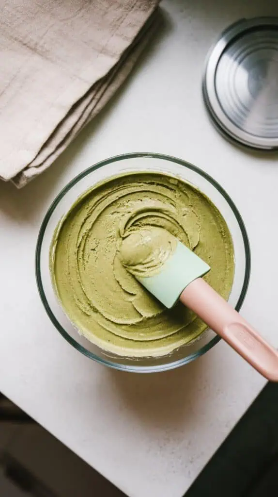 a glass bowl  filled with smooth, green matcha coconut ice cream mixture on a white kitchen counter