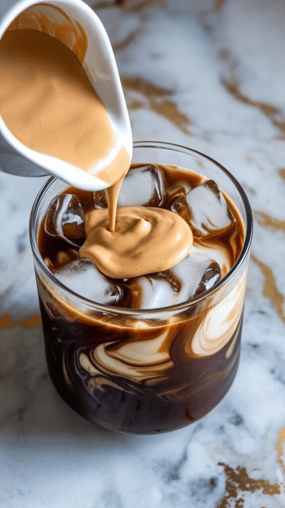 a glass filled with ice cubes and dark cold brew coffee, with thick cookie butter cream being poured in from a small pitcher