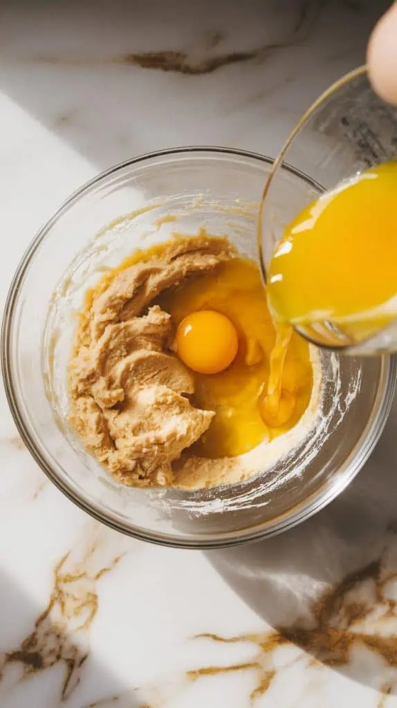  a glass mixing bowl with the creamed butter and sugar mixture
