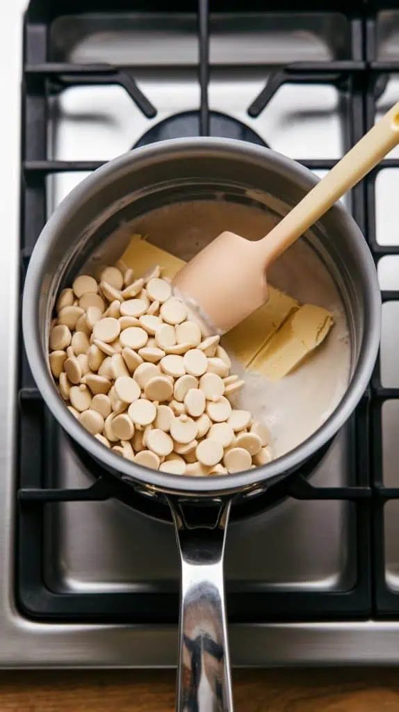 a heatproof bowl sitting over a saucepan, filled with semi-melted white chocolate chips, thick sweetened condensed milk, and softened butter