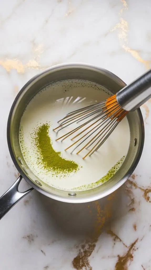 a medium saucepan with milk, heavy cream, matcha powder, cornstarch, and maple syrup being whisked together