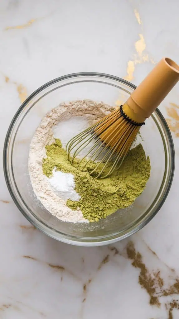 a mixing bowl with all-purpose flour, baking soda, salt, and vibrant green matcha powder.