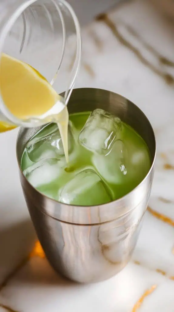 a stainless steel cocktail shaker filled with ice, vibrant green Midori melon liqueur, clear vodka, freshly squeezed lemon juice, and simple syrup being poured in