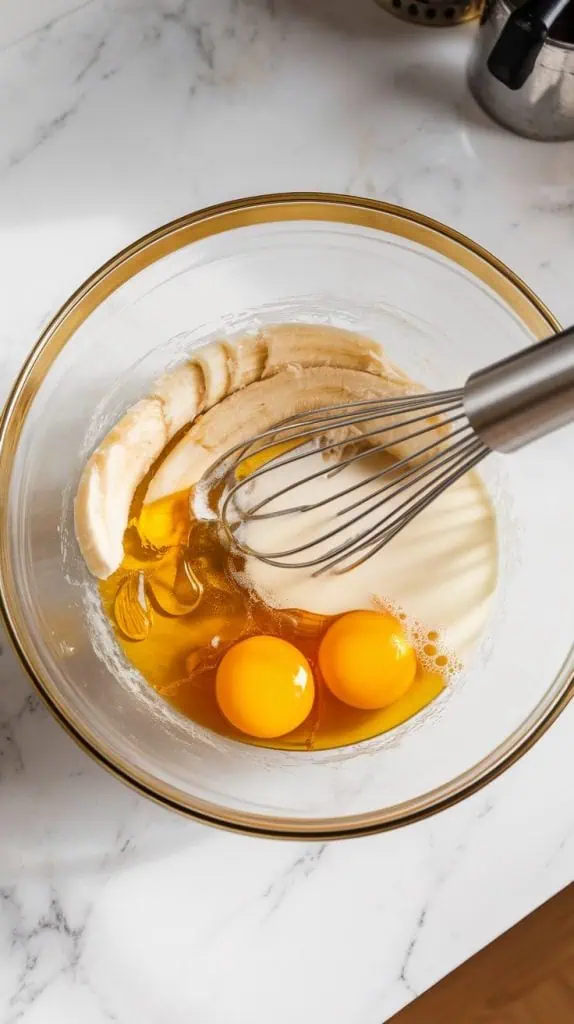 a mixing bowl as dry ingredients are being folded into the wet batter with a spatula