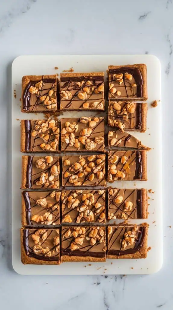 fully sliced Coffee Cookie Crack Bars neatly arranged on a white cutting board on a white marble counter with hints of gold