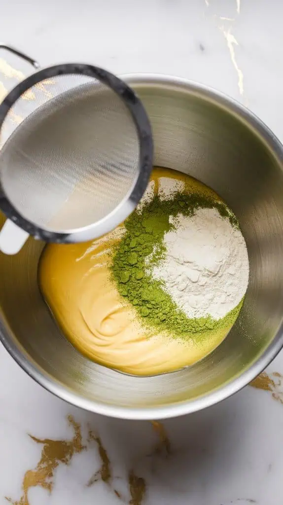 Sift matcha powder and flour into the egg mixture