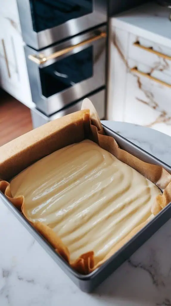 sweetened condensed milk on the warm, slightly golden graham cracker crust inside an 8x8 baking dish lined with brown parchment paper.