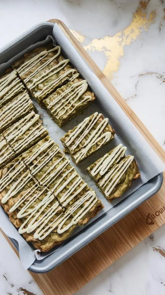 a baking pan with chilled matcha oatmeal bars on a wooden cutting board