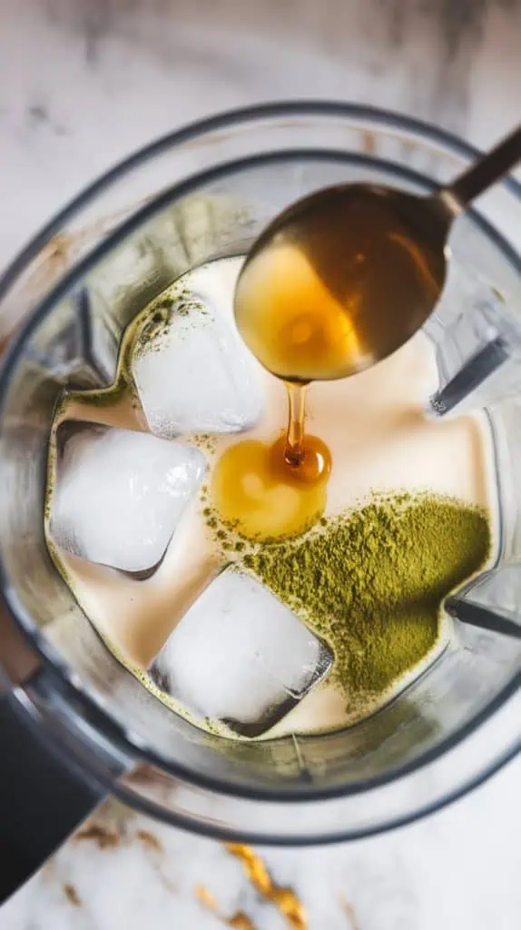 a blender filled with cold coconut milk, large ice cubes, and bright green matcha powder.