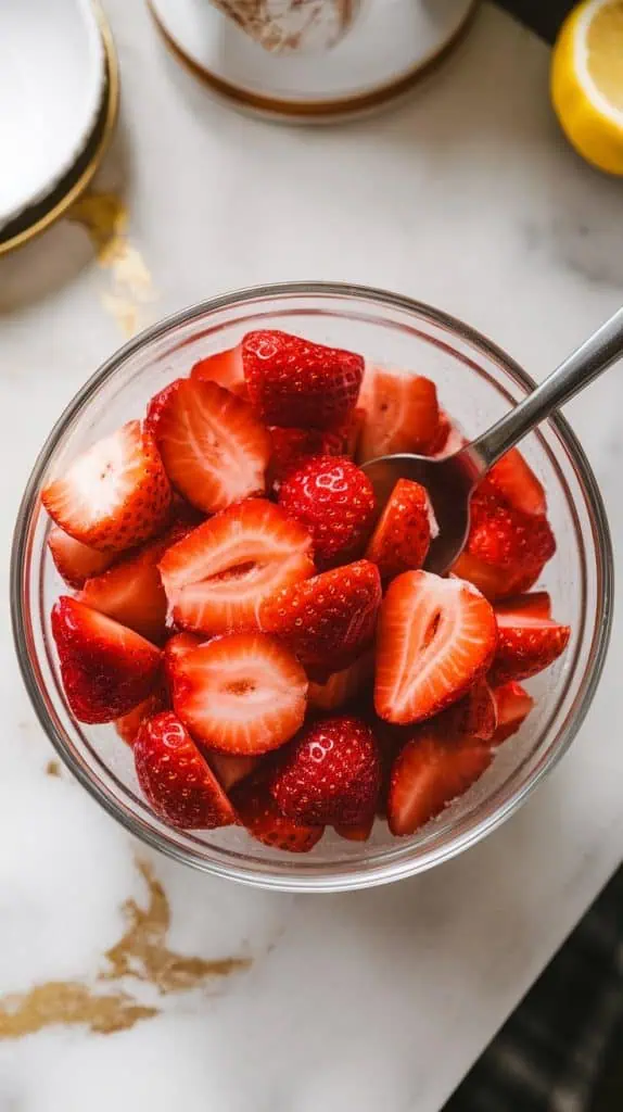a bowl filled with fresh, sliced strawberries glistening with sugar and lemon juice