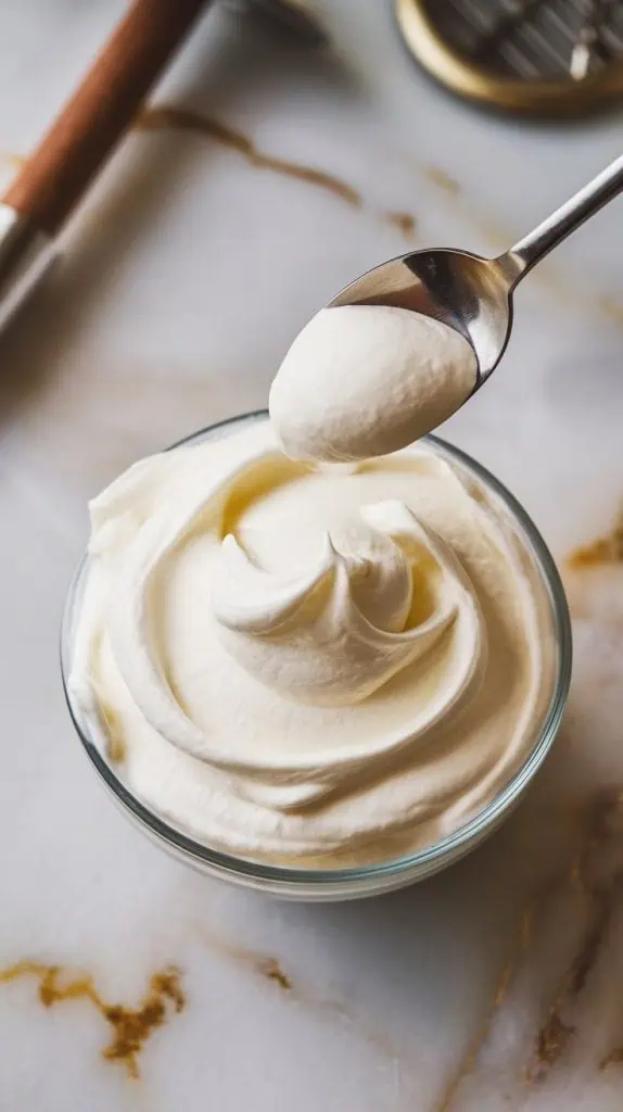 a bowl of freshly whipped cream, smooth and airy, with a spoon lifting a peak.