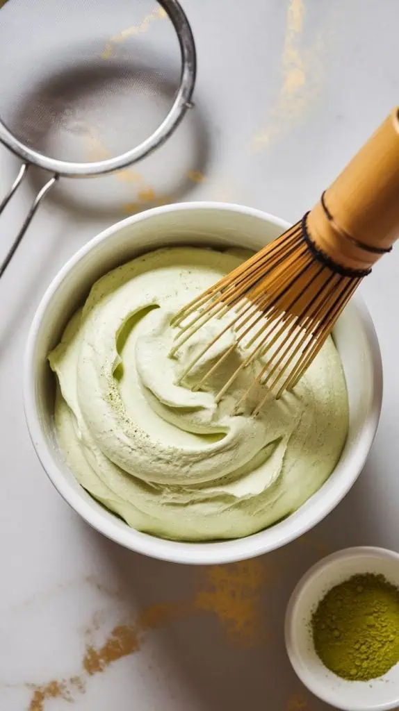  bowl of pale green matcha whipped cream with soft peaks forming as a whisk lifts from the mixture