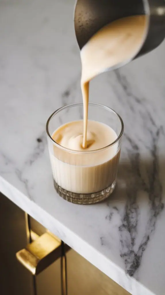 Ultra close-up shot of 2 tablespoons of thick, glossy sweetened condensed milk being poured into a clear glass