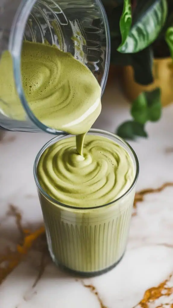 a creamy green matcha frappuccino being poured from the blender into a tall glass