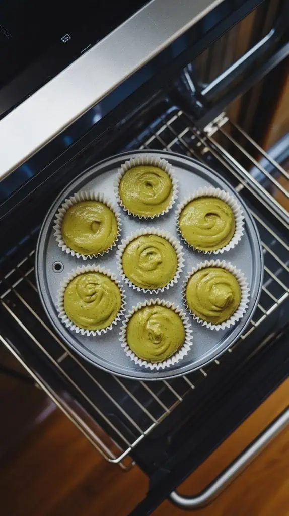  a cupcake tin filled with green matcha batter in white liners, ready to go into the oven
