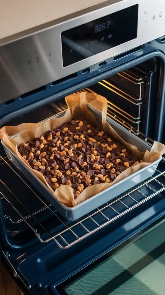 dessert bars baking inside the oven, with the semi-sweet chocolate chips  melted, toffee bits glistening, and the edges turning golden brown
