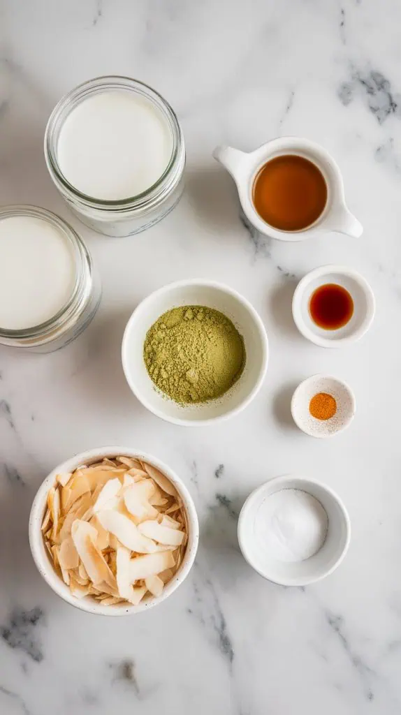 all ingredients for matcha coconut ice cream on a white marble countertop with hints of gold
