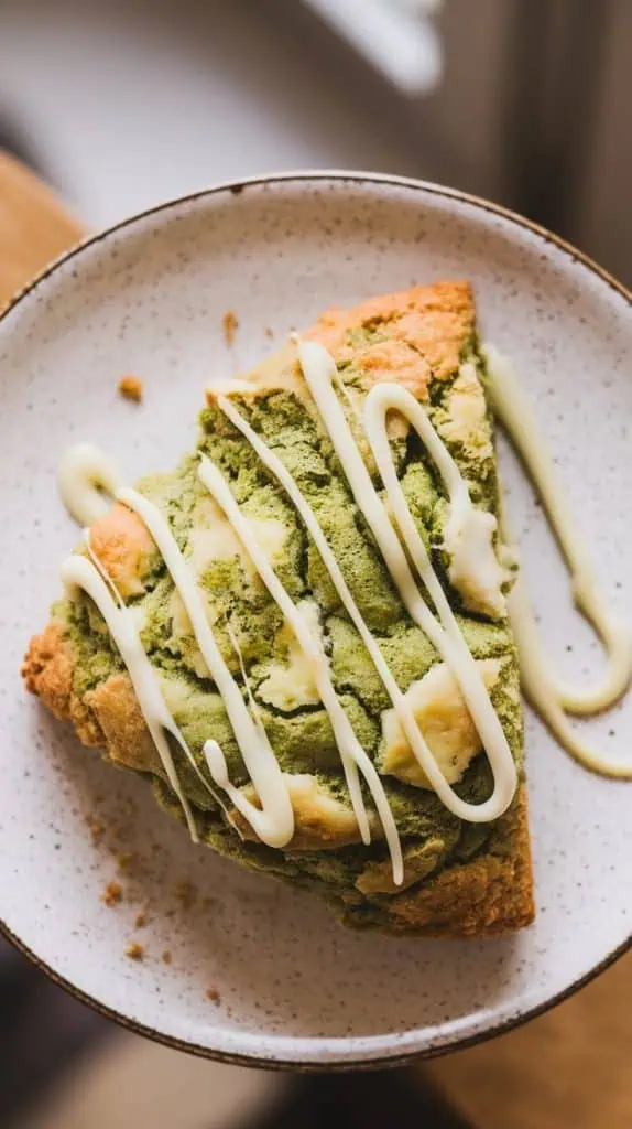 freshly baked matcha scones (mixed with white chocolate chunks) with a drizzle of glossy white chocolate on top