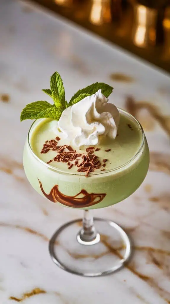 whipped cream being piped onto the Frozen Grasshopper Cocktail