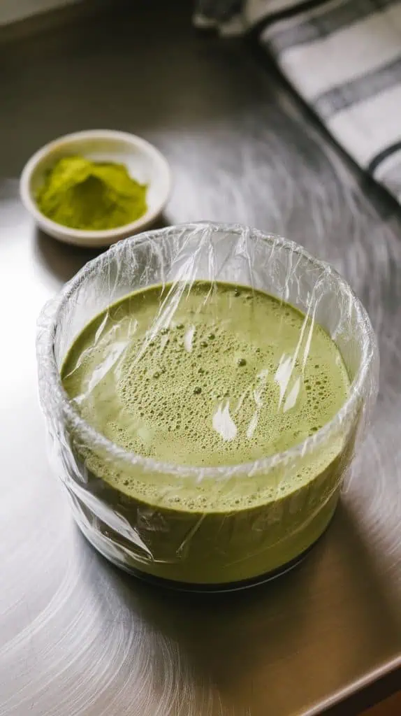  a glass bowl filled with green coconut matcha mixture, covered with plastic wrap on a kitchen counter