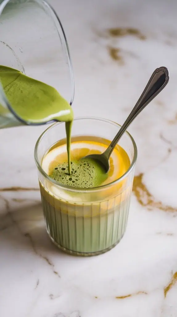  vibrant green matcha being poured into a glass of slightly golden lemon water