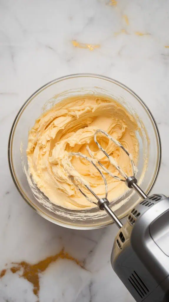 a glass mixing bowl filled with creamed butter and sugar, looking fluffy and pale yellow