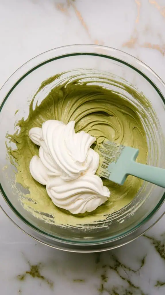 a glass mixing bowl with light green matcha batter and white meringue being folded in with a rubber spatula