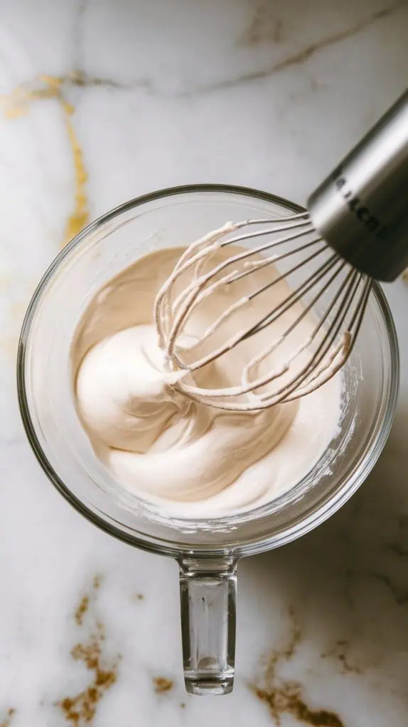 a glass mixing bowl (no handle) with glossy, stiff-peaked meringue