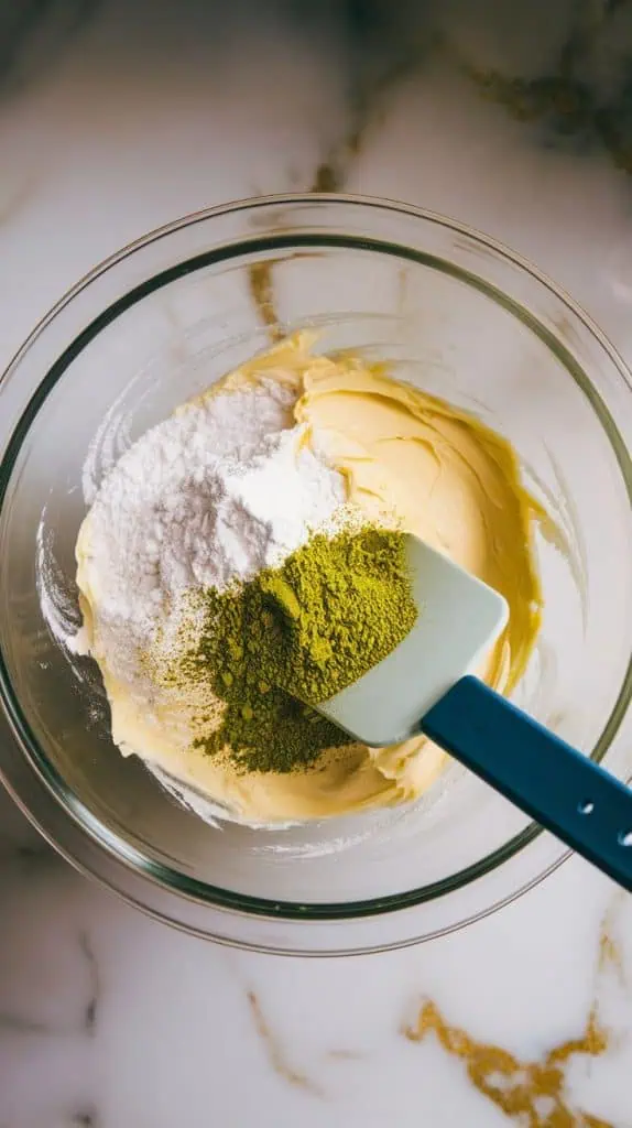  sifted powdered sugar and vibrant green matcha powder being added to a glass mixing bowl of whipped butter