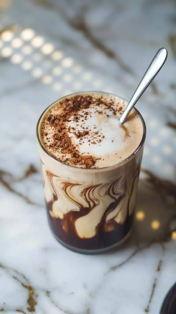 a glass of cookie butter cold brew with a spoon stirring gently, mixing the creamy swirls into the dark coffee