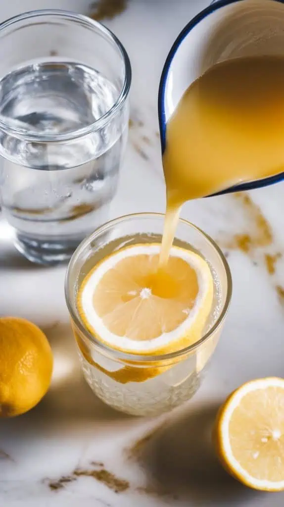 a glass with squeezed lemon juice being poured into it from a small bowl