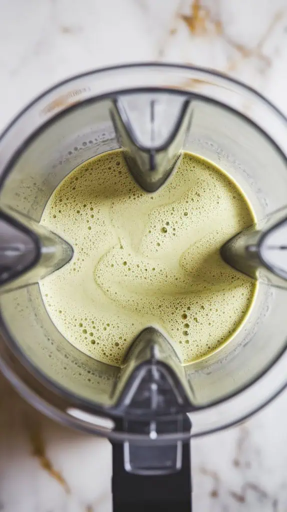 A high-speed blender filled with a smooth, frothy pale green matcha milkshake