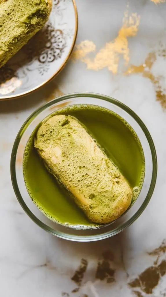 a ladyfinger fully submerged in a shallow dish of vibrant green matcha soak, completely covered in liquid