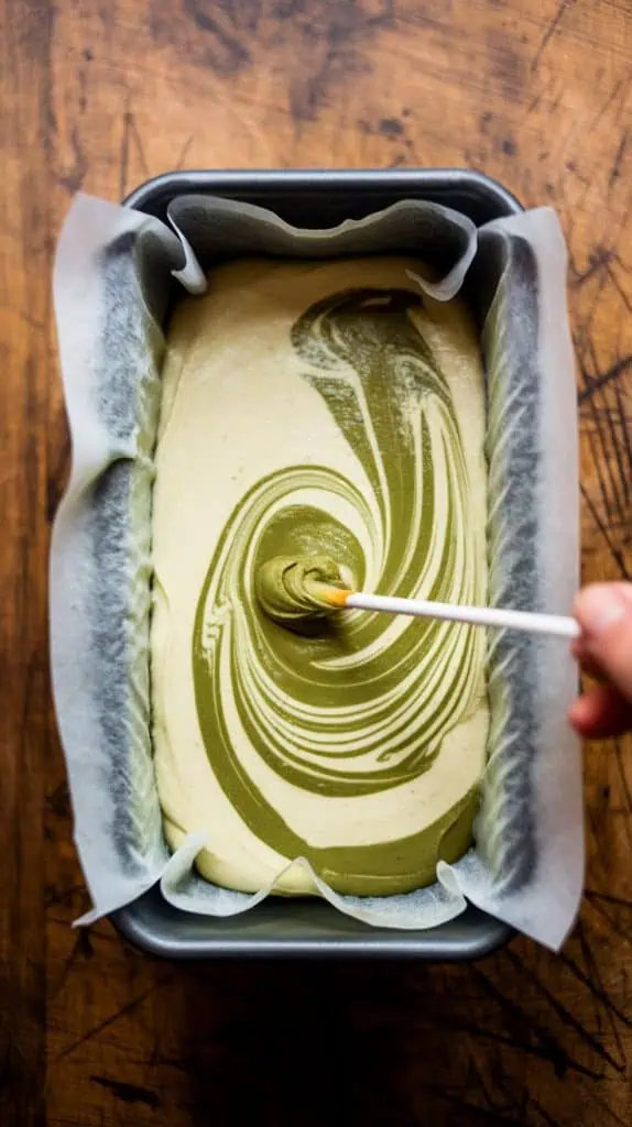  a loaf pan lined with white parchment paper filled with vanilla and matcha cake batter