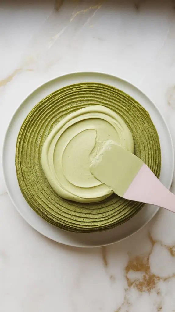the cake being assembled on a white plate, with a thin layer of matcha whipped cream being spread evenly over a delicate matcha crepe