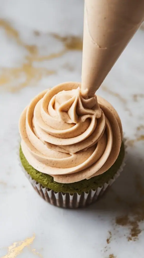 a matcha cupcake with a perfect swirl of light brown cinnamon buttercream being piped on top