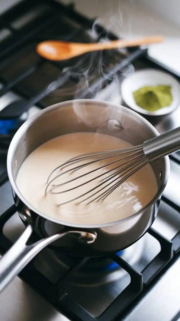 a medium saucepan on a modern stainless steel gas stove, filled with smooth, creamy coconut milk being whisked with maple syrup and a pinch of salt