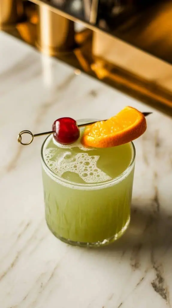 a finished Midori Sour cocktail in a rocks glass, garnished with a maraschino cherry and a fresh orange slice on a cocktail pick