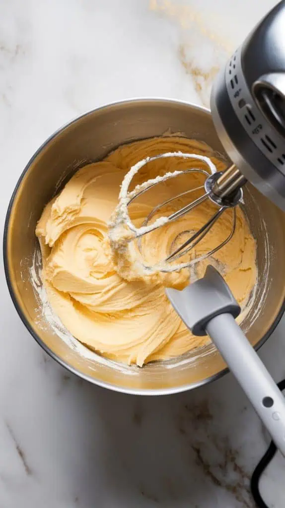 a mixing bowl filled with softened butter and granulated sugar, whipped into a light and fluffy texture with an electric mixer.