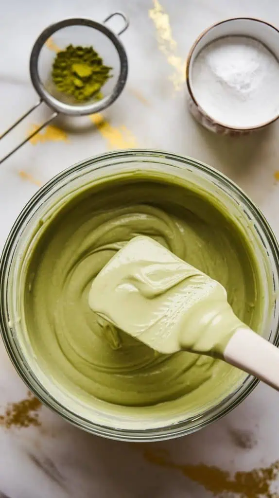 a mixing bowl filled with creamy, pale green matcha cream cheese glaze, freshly whipped to a smooth texture
