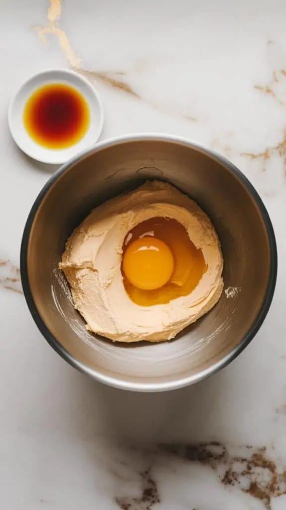 a mixing bowl with a smooth, creamy softened sugar butter as an egg on top