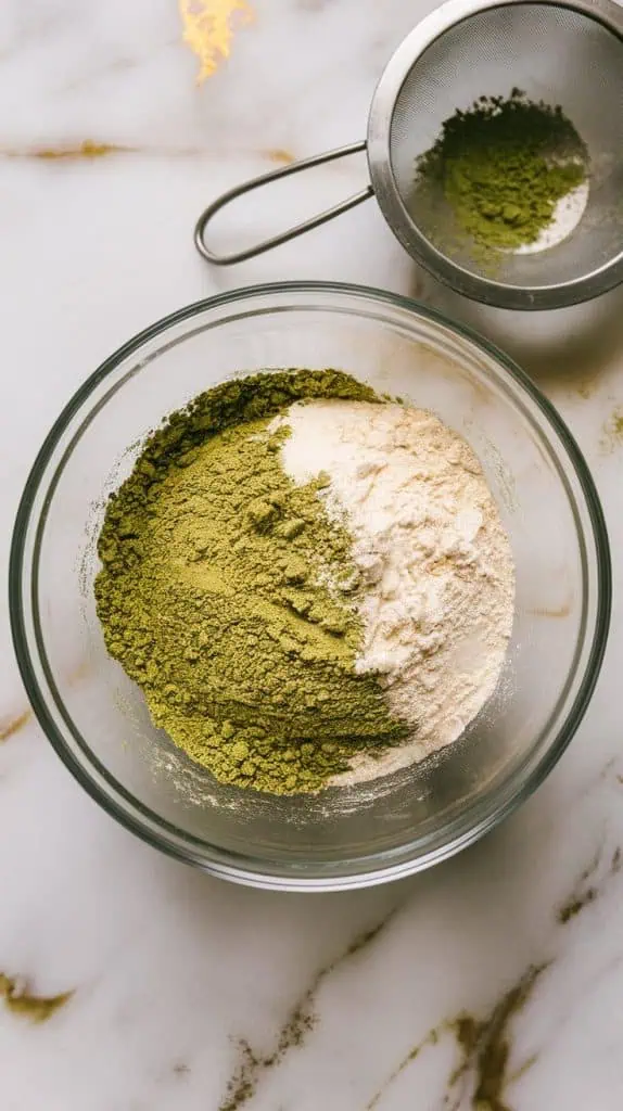 a mixing bowl with finely sifted matcha powder, all-purpose flour, baking powder, and salt, showing a light, fluffy texture