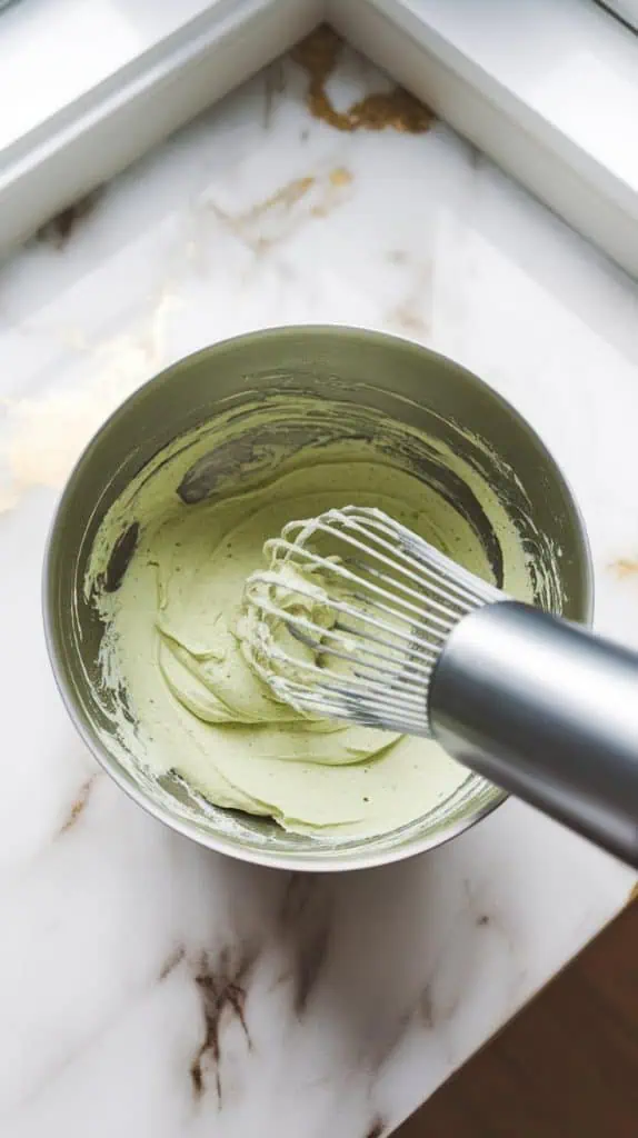 a mixing bowl with matcha whipped cream, soft peaks forming