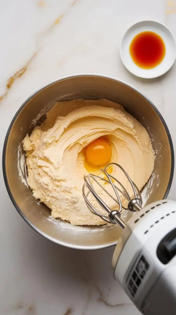 a mixing bowl with pale, fluffy butter and sugar that has been well-whisked together.