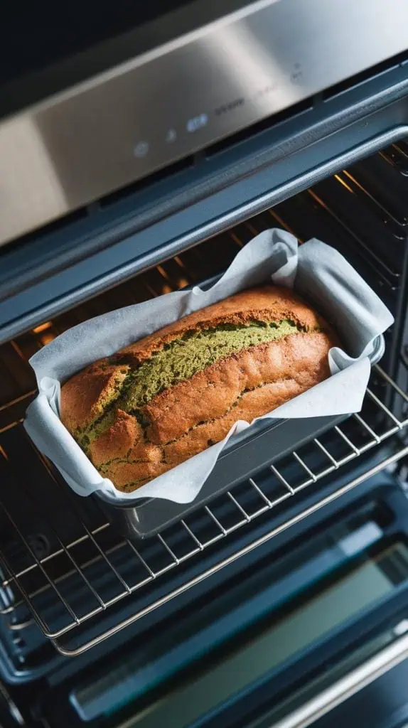 a loaf pan lined with white parchment paper inside a modern stainless steel double oven, with matcha banana bread rising and forming a golden crust with slight cracks on top.