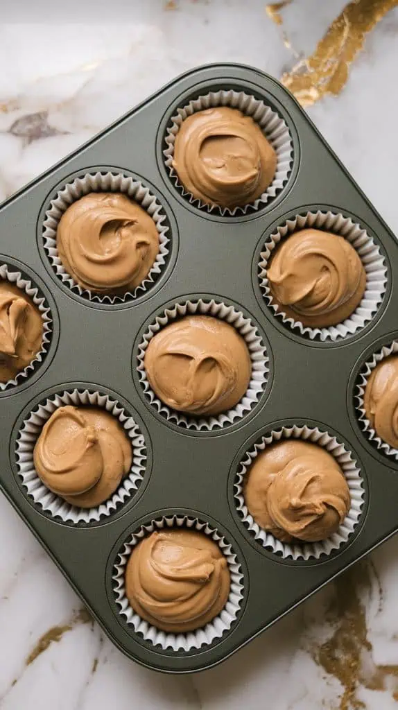 a muffin tin lined with white muffin liner filled with matcha chocolate-coated liners, each now holding a smooth, rounded scoop of peanut butter filling in the center