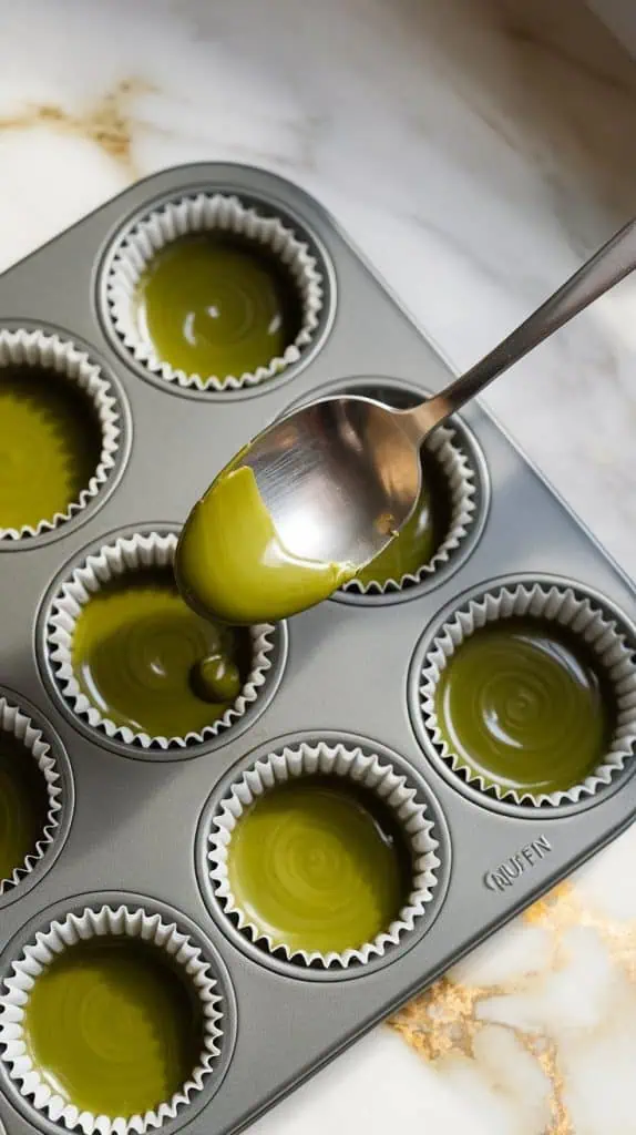 a muffin tin lined with silicone liners, each with a thin layer of glossy green matcha chocolate at the bottom and slightly up the sides