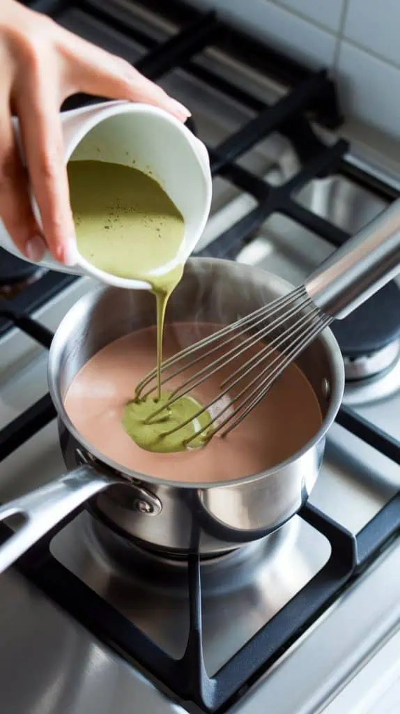 smooth matcha mixture being poured into the steaming saucepan of hot chocolate on a modern stainless steel gas stove