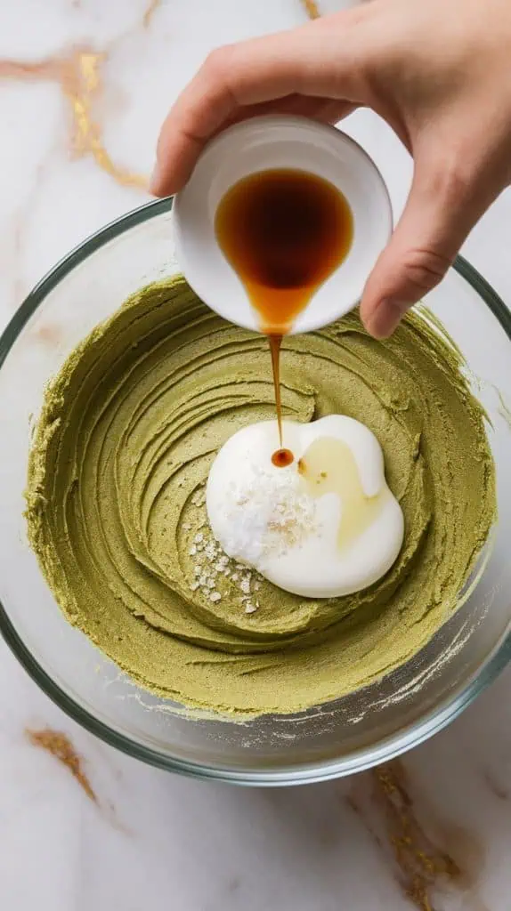 vanilla extract being poured from a small plate into the partially mixed butter, powdered sugar, and matcha mixture
