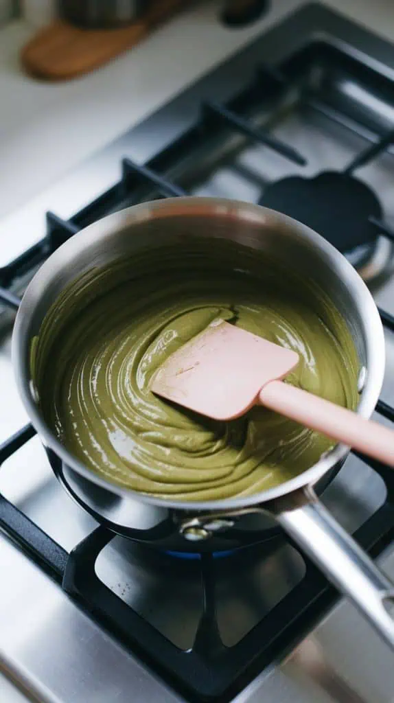 a rubber spatula dragging through the thickened, glossy matcha milk spread in the saucepan on fire, leaving a visible line